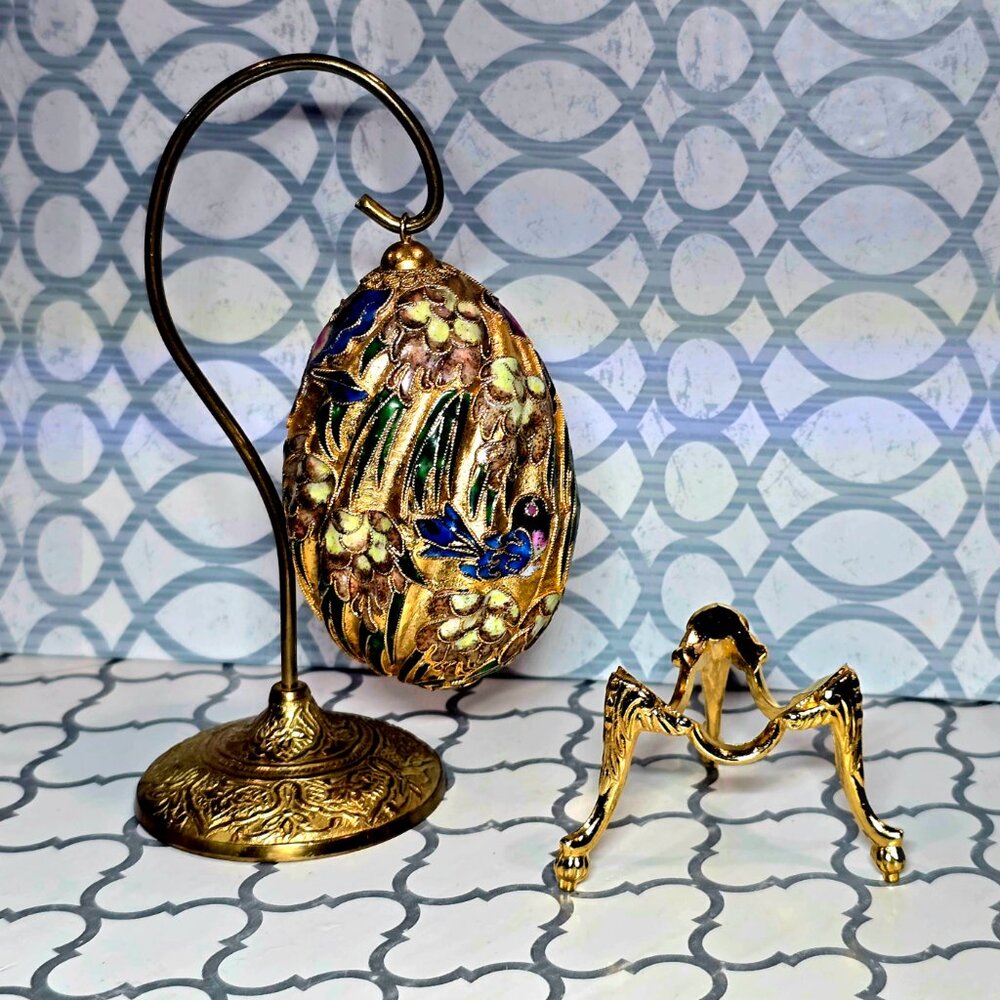 Vintage Cloisonné Bird Egg Ornament w Brass Display Stands Set (3) Fabergé Style